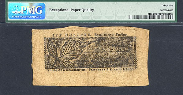 image for: Maryland: Fr.MD69 1774 $6 10-Apr PMG VF35 EPQ [4448]