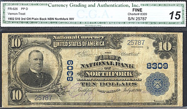 image for: Fr.626 1902 $10 Third Charter Period, 3rd Issue, Plain Back CGA F15 #8309 West Virginia [25787]