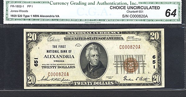image for: Fr.1802-1 1929 $20  CGA Choice CU64 #651 Virginia [C000820A]