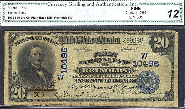 image for: Fr.658 1902 $20 Third Charter Period, 3rd Issue, Plain Back CGA F12 #10496 North Dakota [305]