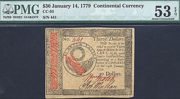image for: Continental Congress: Fr.CC93 1779 $30 14-Jan PMG AU53 EPQ [441]