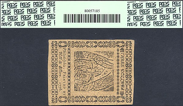 image for: Continental Congress: Fr.CC25 1776 $3 17-Feb PCGS AU58 PPQ [20037]