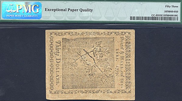 image for: Continental Congress: Fr.CC93 1779 $30 14-Jan PMG AU53 EPQ [441]