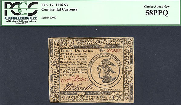 image for: Continental Congress: Fr.CC25 1776 $3 17-Feb PCGS AU58 PPQ [20037]