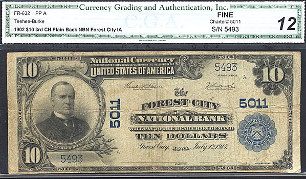 image for: Fr.632 1902 $10 Third Charter Period, 3rd Issue, Plain Back CGA F12 #5011 Iowa [5493]