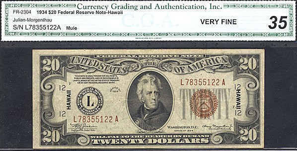 image for: Fr.2304 1934 $20 Hawaiian CGA VF35  [L78355122A]
