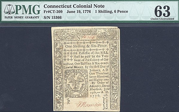 image for: Connecticut: Fr.CT209 1776 1s/6d 19-Jun PMG Choice CU63  [15366]