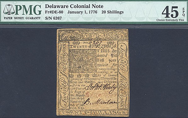 image for: Delaware: Fr.DE80 1776 20s 1-Jan PMG XF45 EPQ [6267]