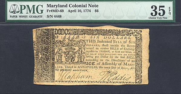 image for: Maryland: Fr.MD69 1774 $6 10-Apr PMG VF35 EPQ [4448]