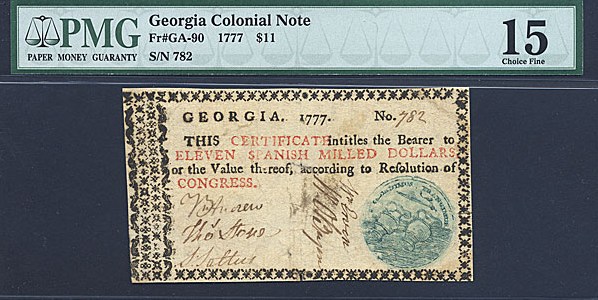 image for: Georgia: Fr.GA90 1777 $11  PMG F15  [782] - Internal Tear, Splits
