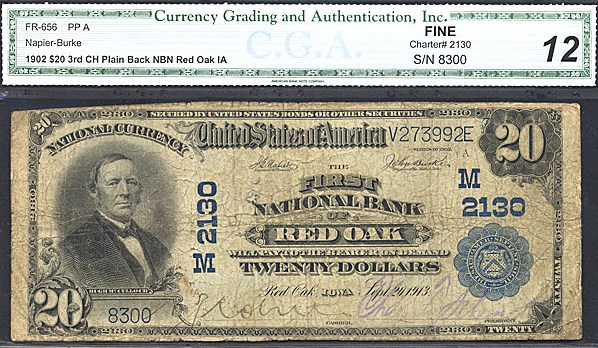 image for: Fr.656 1902 $20 Third Charter Period, 3rd Issue, Plain Back CGA F12 #2130 Iowa [8300]