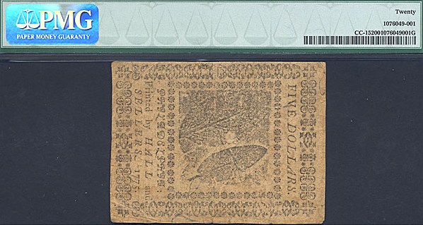 image for: Continental Currency: Fr.CC15 1775 $5 November 29 PMG VF20  [39695]