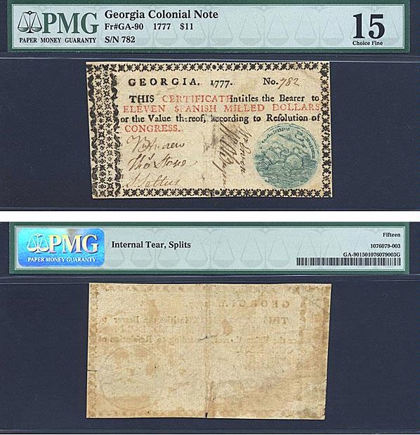 image for: Georgia: Fr.GA90 1777 $11  PMG F15  [782] - Internal Tear, Splits