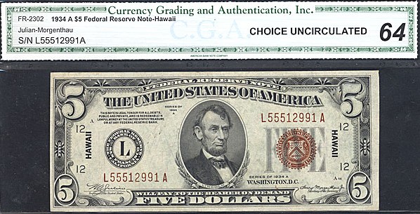 image for: Fr.2302 1934A $5 Hawaiian CGA Choice CU64  [GA02098076]