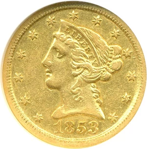 image for: 1853-D $5 NGC AU50