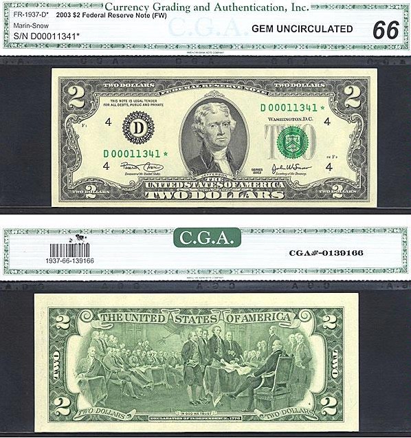 image for: Fr.1937D 2003 $2  CGA Gem CU66  [D00011341] *Star* 