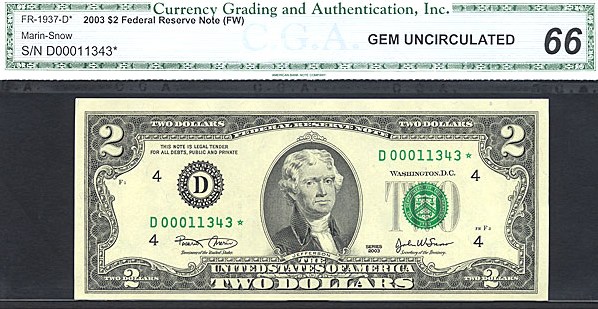 image for: Fr.1937D* 2003 $2  CGA Gem CU66  [D00011343] *Star* 