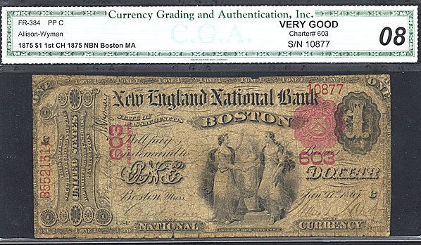 image for: Fr.384 1875 $1 1st Charter Period CGA VG8 #603 Massachusetts [10877]
