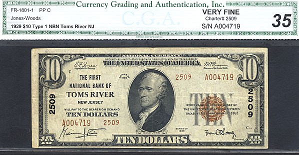 image for: Fr.1801-1 1929 $10 Type 1 CGA VF35 #2509 New Jersey [A004719]