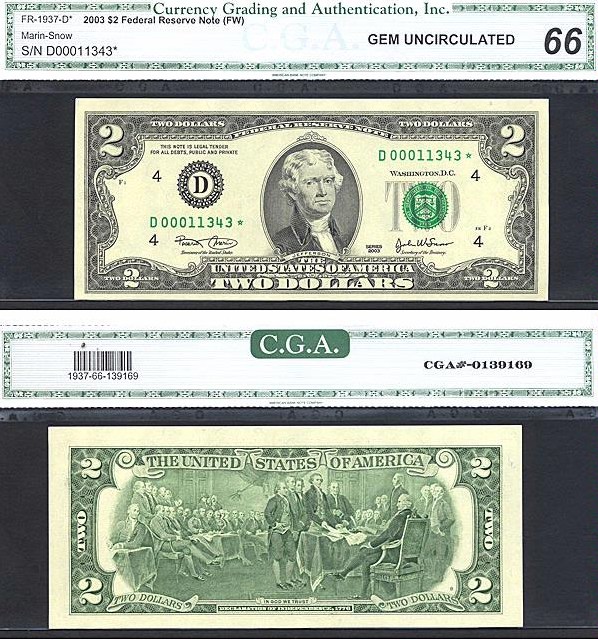 image for: Fr.1937D* 2003 $2  CGA Gem CU66  [D00011343] *Star* 