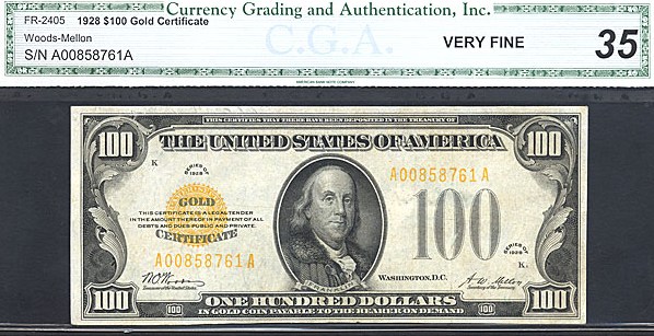 image for: Fr.2405 1928 $100 Gold Seal and Serial Numbers CGA VF35  [A00858761A]