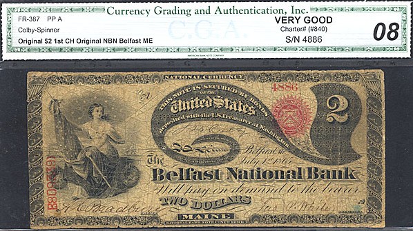 image for: Fr.387 Original $2 First Charter Period CGA VG8 #840 Maine [4886] *Lazy Duece*