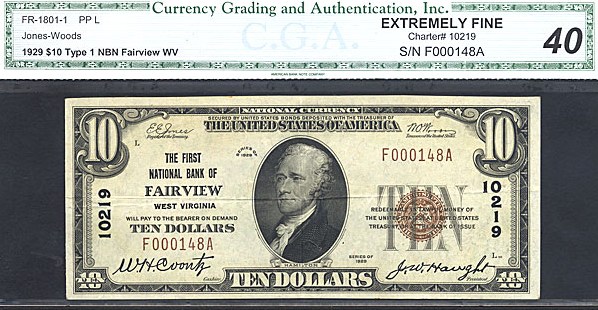 image for: Fr.1801-1 1929 $10 Type 1 CGA XF40 #10219 West Virginia [F000148A]