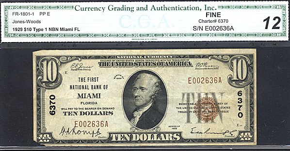 image for: Fr.1801-1 1929 $10 Type 1 CGA F12 #6370 Florida [E002636A]