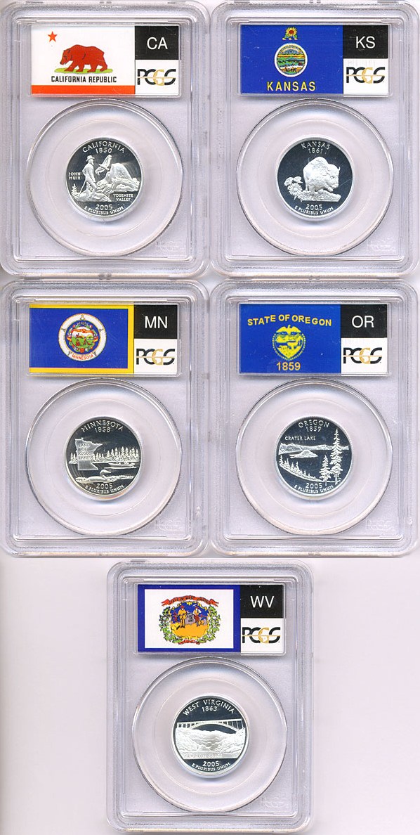 image for: 2005-S 25c State Quarters Proof Set - Silver (5 coins) PCGS Proof 69 DCameo