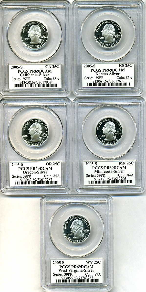 image for: 2005-S 25c State Quarters Proof Set - Silver (5 coins) PCGS Proof 69 DCameo