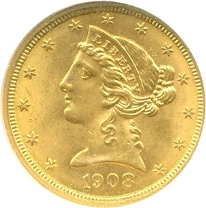 image for: 1908 $5 Liberty NGC MS62