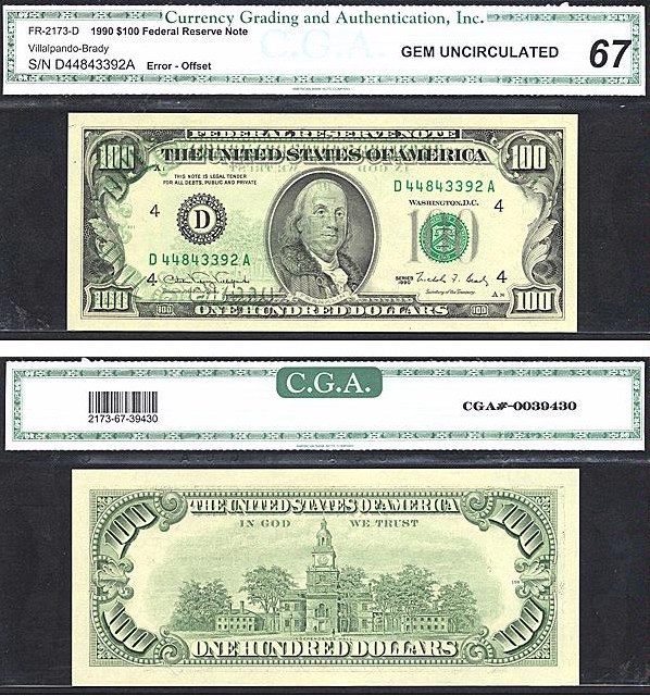 image for: Fr.2173D 1990 $100  CGA Gem CU67  [D44843392A] *Error - Offset*