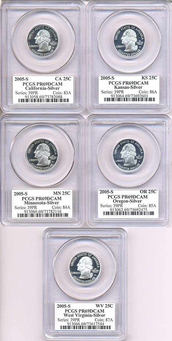 image for: 2005-S 25c State Quarters Proof Set - Silver (5 coins) PCGS Proof 69 DCameo