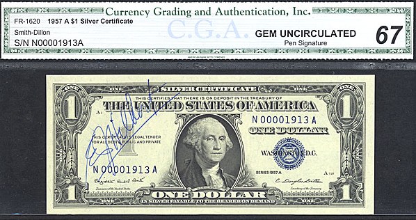 image for: Fr.1620 1957A $1  CGA Gem CU67  [N00001913A] - Pen Signature * 4 Digit Serial