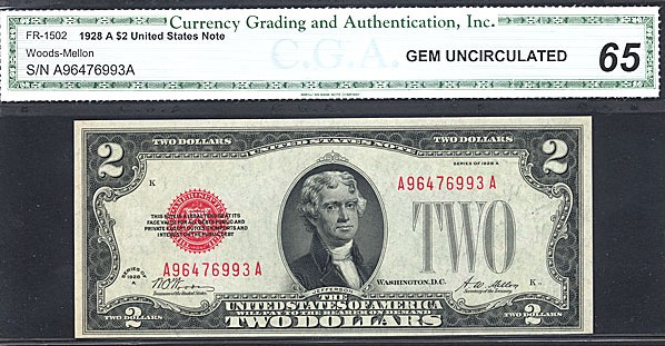 image for: Fr.1502 1928A $2 with red seal and serial numbers. CGA Gem CU65  [A96476993A]