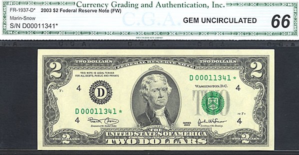 image for: Fr.1937D 2003 $2  CGA Gem CU66  [D00011341] *Star* 
