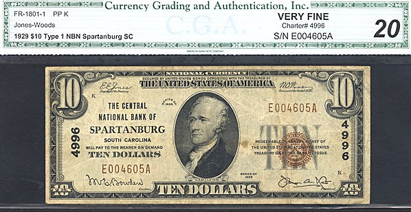 image for: Fr.1801-1 1929 $10 Type 1 CGA VF20 #4996 South Carolina [E004605A]