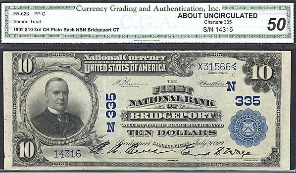 image for: Fr.626 1902 $10 Third Charter Period, 3rd Issue, Plain Back CGA AU50 #335 Connecticut [14316]