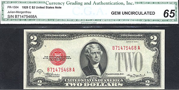 image for: Fr.1504 1928C $2  CGA Gem CU65  [B71475468A]
