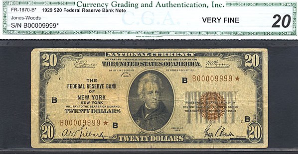 image for: Fr.1870B 1929 $20  CGA VF20  [B00009999] *Star* 