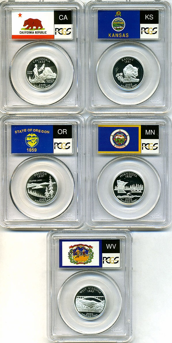 image for: 2005-S 25c State Quarters Proof Set - Silver (5 coins) PCGS Proof 69 DCameo
