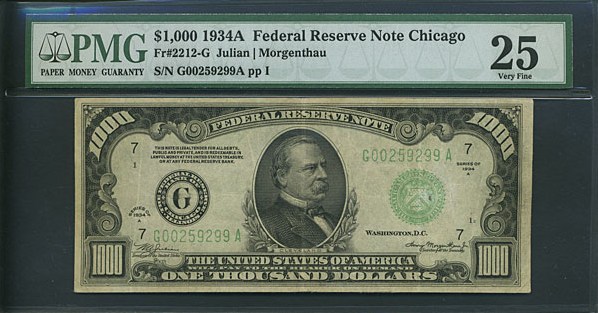 image for: Fr.2212G 1934A $1,000  PMG VF25  [G00259299A]