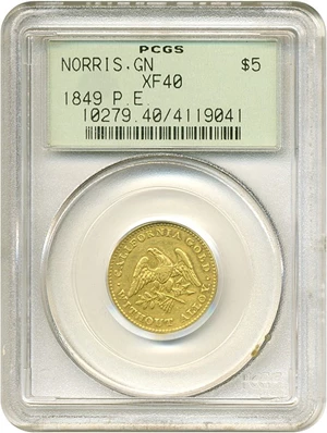 image for: Territorial Gold: Norris $5 1849 P.E. PCGS XF40