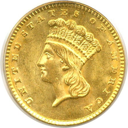image for: 1857 G$1  PCGS MS62 