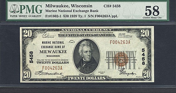 image for: Fr.1802-1 1929 $20  PMG AU58 #5458 Wisconsin [F004263A]