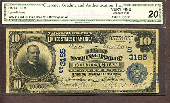 image for: Fr.624 1902 $10 Third Charter Period, 3rd Issue, Plain Back CGA VF20 #3185 Alabama [103636]