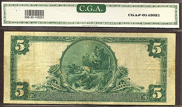 image for: Fr.598 1902 $5 Third Charter Period, 3rd Issue, Plain Back CGA VF30 #1144 Massachusetts [16765]