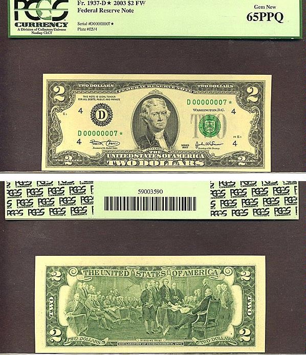 image for: Fr.1937D* 2003 $2  PCGS Gem CU65 PPQ [D00000007] *Star - Fancy Serial* 