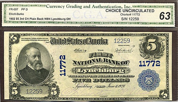 image for: Fr.607 1902 $5 Third Charter Period, 3rd Issue, Plain Back CGA Choice CU63 #11772 Ohio [12259]