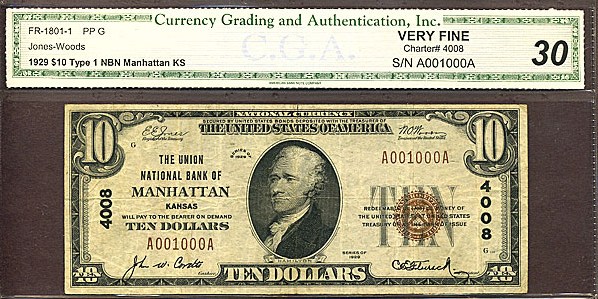 image for: Fr.1801-1 1929 $10 Type 1 CGA VF30 #4008 Kansas [A001000A]